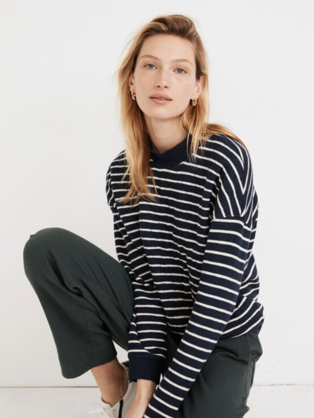 Madewell Quilted Studio Mockneck Sweatshirt in Stripe Blue Dark Nightfall XS $88